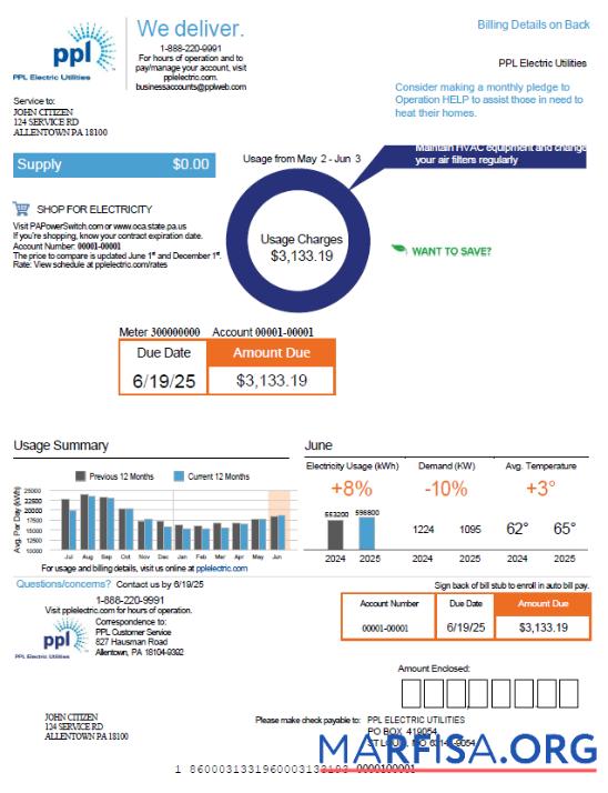 Realistic USA PPL Electric utility bill template in Word and PDF formats, version 2